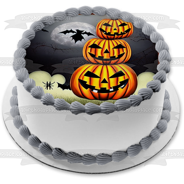 Happy Halloween Scary Jack O'Lanterns Bats and the Moon Edible Cake Topper Image ABPID56714