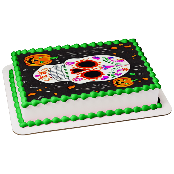 Happy Halloween Sugar Skull and Scary Jack O 'Lanterns Edible Cake Topper Image ABPID56721