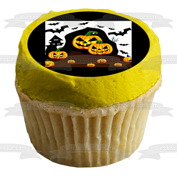Happy Halloween Bats Pumpkins and a Haunted House Edible Cake Topper Image ABPID56715