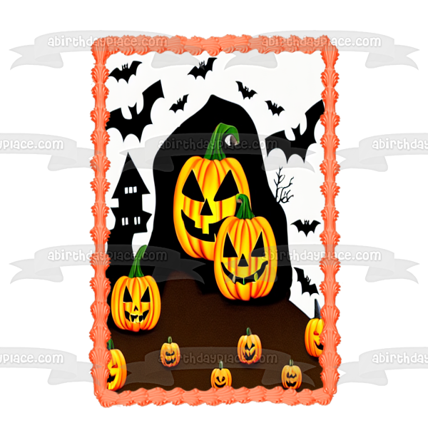 Happy Halloween Bats Pumpkins and a Haunted House Edible Cake Topper Image ABPID56715