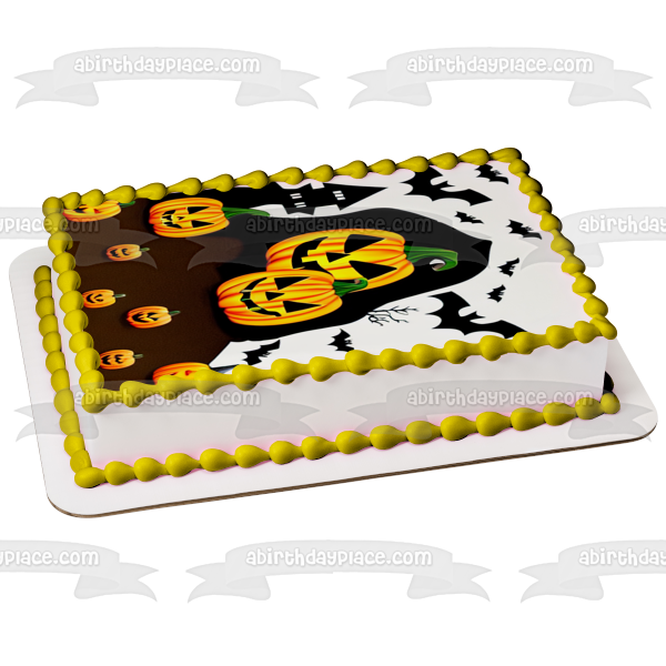Happy Halloween Bats Pumpkins and a Haunted House Edible Cake Topper Image ABPID56715