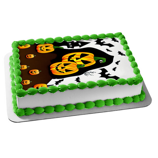 Happy Halloween Bats Pumpkins and a Haunted House Edible Cake Topper Image ABPID56715
