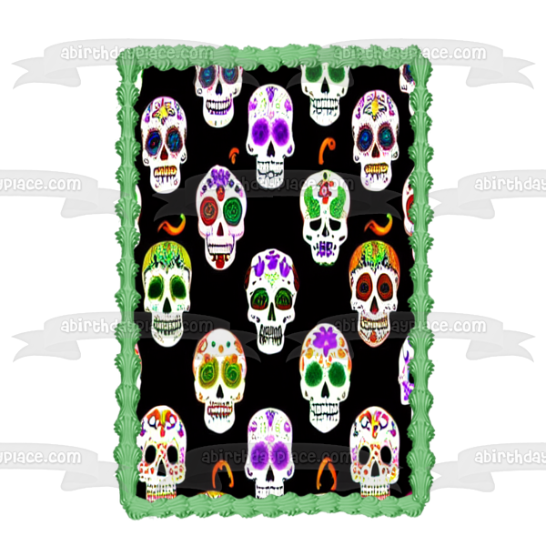 Happy Halloween Sugar Skulls Edible Cake Topper Image ABPID56722