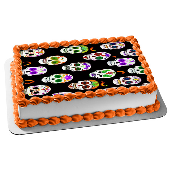 Happy Halloween Sugar Skulls Edible Cake Topper Image ABPID56722