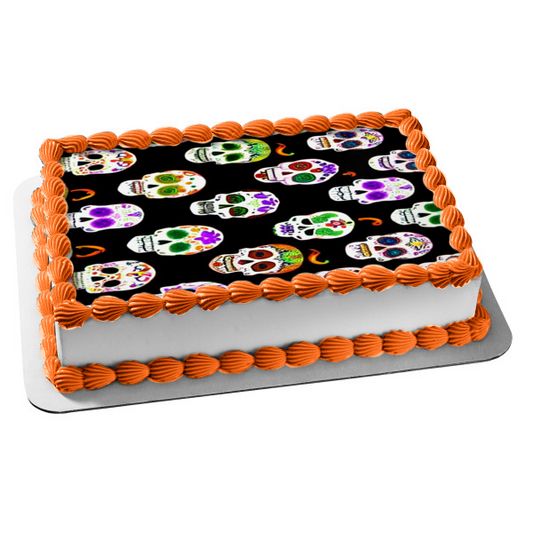 Happy Halloween Sugar Skulls Edible Cake Topper Image ABPID56722