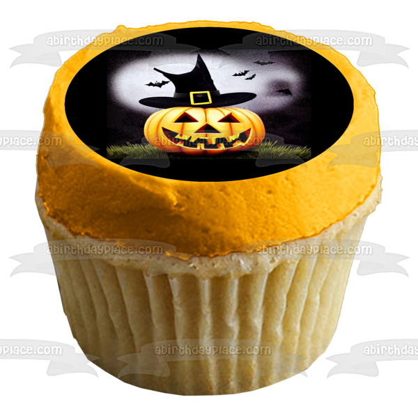 Happy Halloween Happy Jack O' Lantern Wearing a Witch Hat and Bats Flying Edible Cake Topper Image ABPID56716