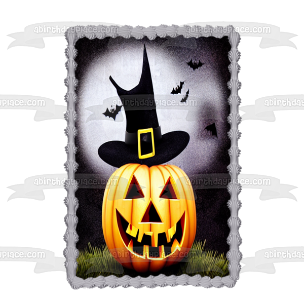 Happy Halloween Happy Jack O' Lantern Wearing a Witch Hat and Bats Flying Edible Cake Topper Image ABPID56716