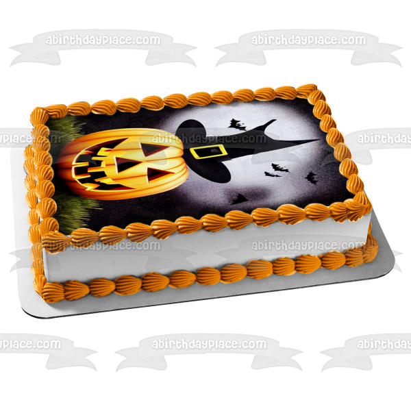Happy Halloween Happy Jack O' Lantern Wearing a Witch Hat and Bats Flying Edible Cake Topper Image ABPID56716