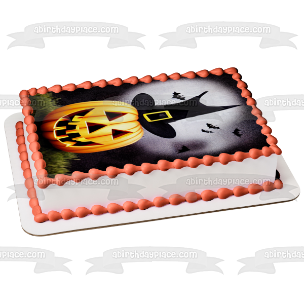 Happy Halloween Happy Jack O' Lantern Wearing a Witch Hat and Bats Flying Edible Cake Topper Image ABPID56716