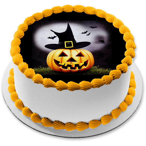 Happy Halloween Happy Jack O' Lantern Wearing a Witch Hat and Bats Flying Edible Cake Topper Image ABPID56716