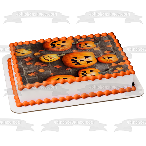 Happy Halloweens Happy Jack O' Lanterns with Fall Colored Leaves Edible Cake Topper Image ABPID56724