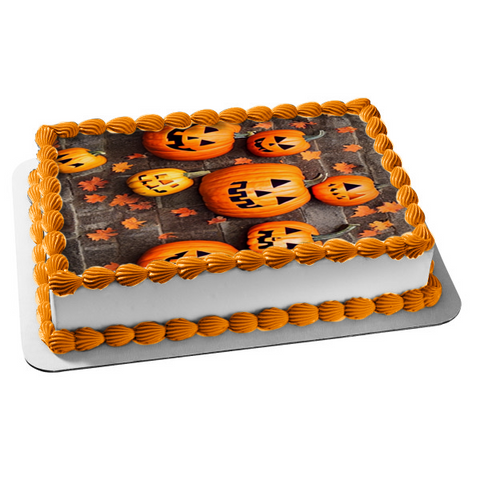 Happy Halloweens Happy Jack O' Lanterns with Fall Colored Leaves Edible Cake Topper Image ABPID56724