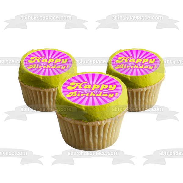 70s Themed Happy Birthday Pink Swirl Backgrounds Edible Cupcake Topper Images