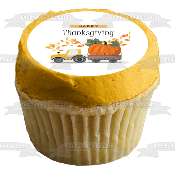 Happy Thanksgiving Truck Pulling a Large Pumpkin Edible Cake Topper Image ABPID56748