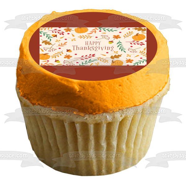 Feliz Día de Acción de Gracias, calabazas y hojas de colores otoñales, adorno comestible para pastel, imagen ABPID56753 