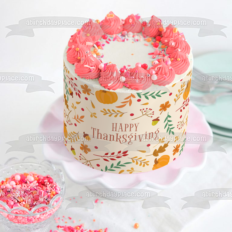 Feliz Día de Acción de Gracias, calabazas y hojas de colores otoñales, adorno comestible para pastel, imagen ABPID56753 