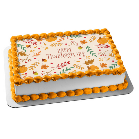 Happy Thanksgiving Pumpkins and Fall Colored Leaves Edible Cake Topper Image ABPID56753