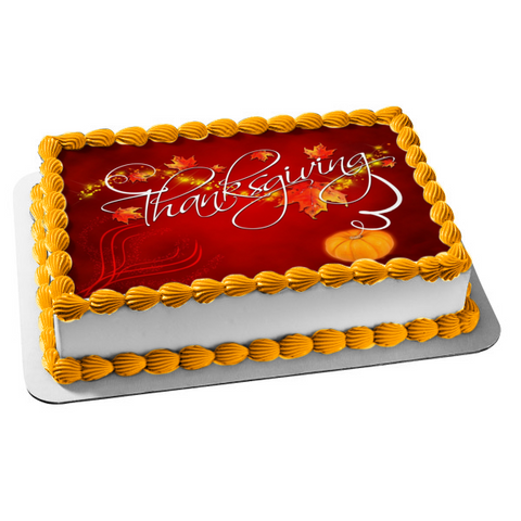Happy Thanksgiving Pumpkins and Fall Colored Leaves Edible Cake Topper Image ABPID56754