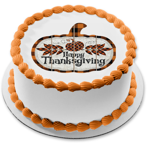 Happy Thanksgiving Pumpkins and Leaves Edible Cake Topper Image ABPID56750