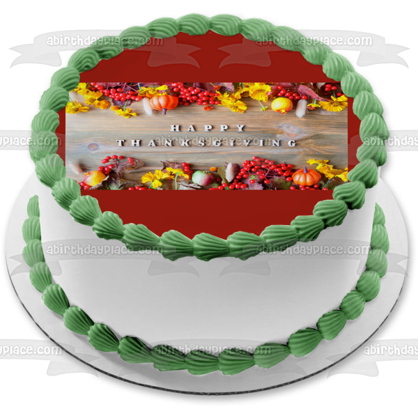 Feliz Día de Acción de Gracias, coloridas hojas de otoño y calabazas, adorno comestible para pastel, imagen ABPID56755 