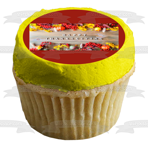 Feliz Día de Acción de Gracias, coloridas hojas de otoño y calabazas, adorno comestible para pastel, imagen ABPID56755 