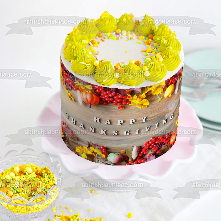 Feliz Día de Acción de Gracias, coloridas hojas de otoño y calabazas, adorno comestible para pastel, imagen ABPID56755 