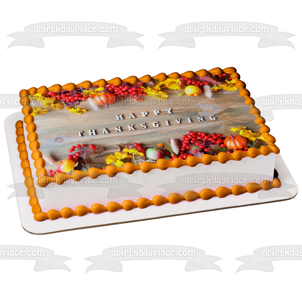 Feliz Día de Acción de Gracias, coloridas hojas de otoño y calabazas, adorno comestible para pastel, imagen ABPID56755 