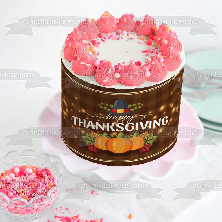 Happy Thanksgiving Pumpkins and Leaves Edible Cake Topper Image ABPID56752