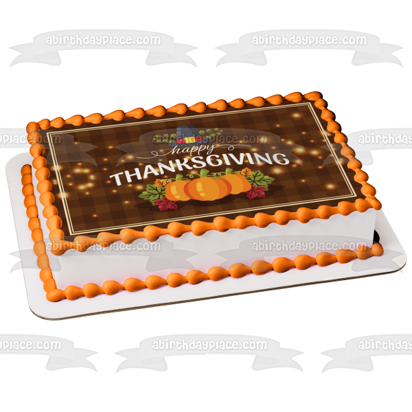 Happy Thanksgiving Pumpkins and Leaves Edible Cake Topper Image ABPID56752