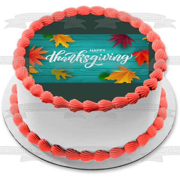 Feliz Día de Acción de Gracias, hojas de colores otoñales, decoración comestible para tarta, imagen ABPID56759 