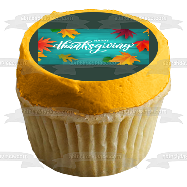 Feliz Día de Acción de Gracias, hojas de colores otoñales, decoración comestible para tarta, imagen ABPID56759 