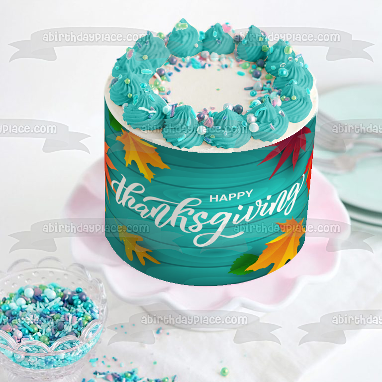 Feliz Día de Acción de Gracias, hojas de colores otoñales, decoración comestible para tarta, imagen ABPID56759 