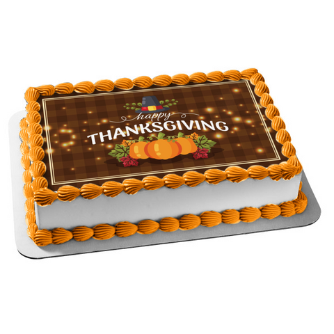 Happy Thanksgiving Pumpkins and Leaves Edible Cake Topper Image ABPID56752