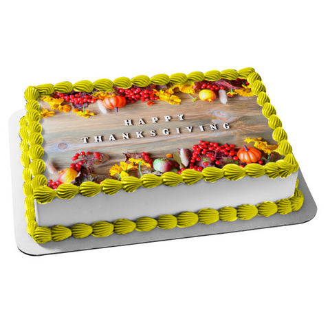 Happy Thanksgiving Colorful Fall Leaves and Pumpkins Edible Cake Topper Image ABPID56755