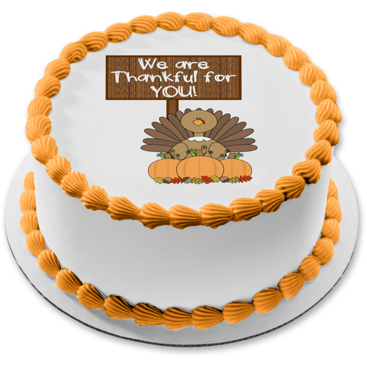 Feliz Día de Acción de Gracias Estamos agradecidos por ti Imagen de adorno comestible para pastel de pavo y calabazas ABPID56757 