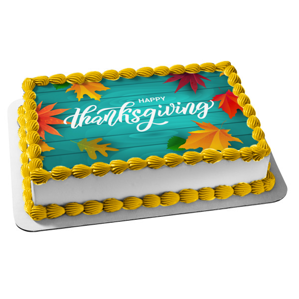 Happy Thanksgiving Fall Colored Leaves Edible Cake Topper Image ABPID56759