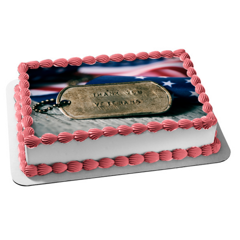 Thank You Veterans Military ID Tag American Flag Edible Cake Topper Image ABPID56760