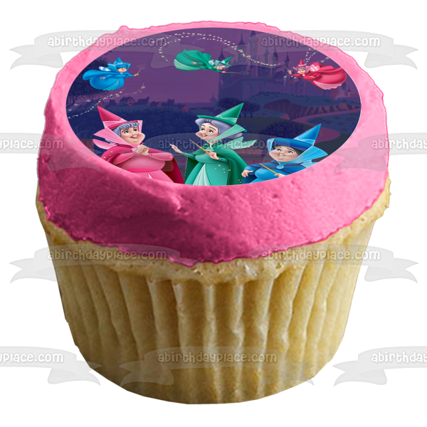 Disney the Good Fairies Flora Fauna Merryweather Sleeping Beauty Castle Quarter Edible Cake Topper Image ABPID56770