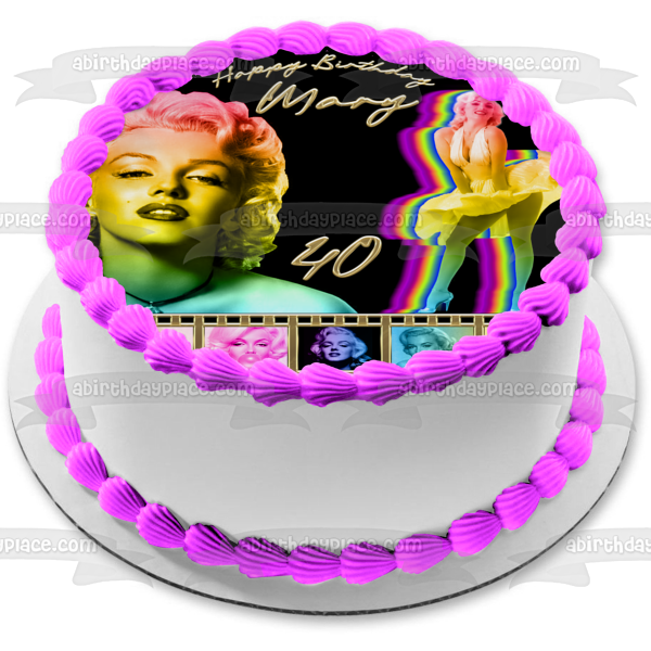 Adorno comestible para tarta con tiras de película de Marilyn Monroe, arcoíris y dorado, imagen ABPID56776 