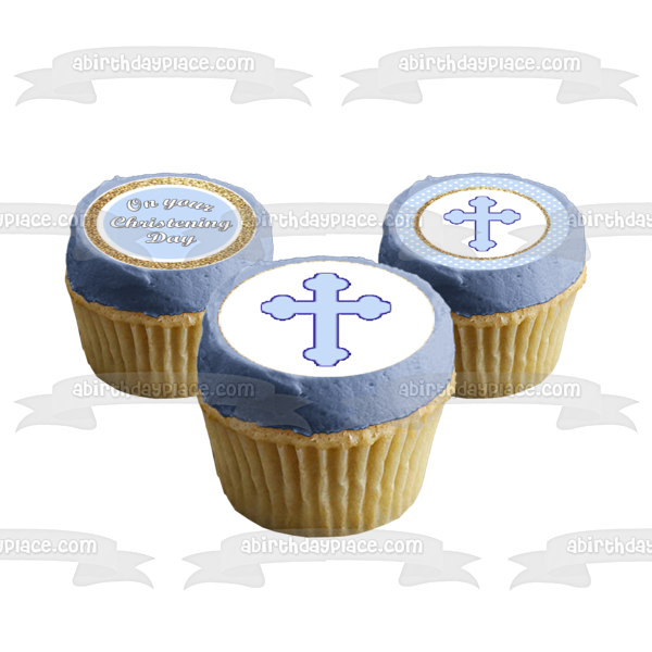 Christening Day Baby Boy Blue Crosses Edible Cupcake Topper Images ABPID56431