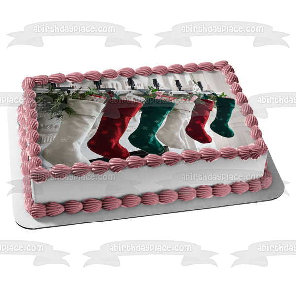 Merry Christmas Stockings Hung on the Chimney Edible Cake Topper Image ABPID56797