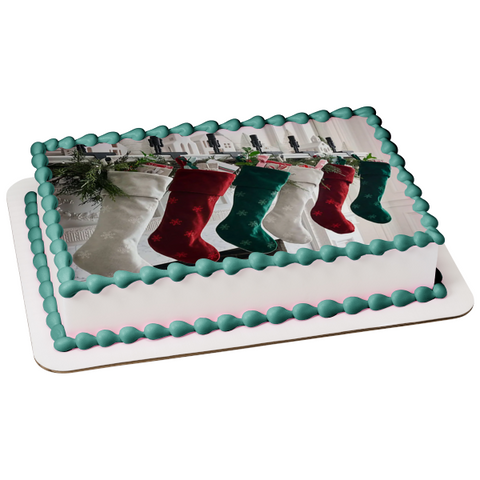 Merry Christmas Stockings Hung on the Chimney Edible Cake Topper Image ABPID56797