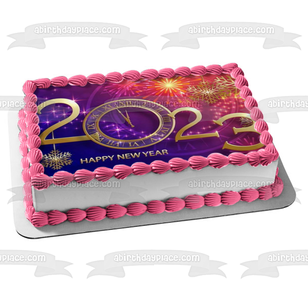 Happy New Years 2023 Clock and Fireworks Edible Cake Topper Image ABPID56802