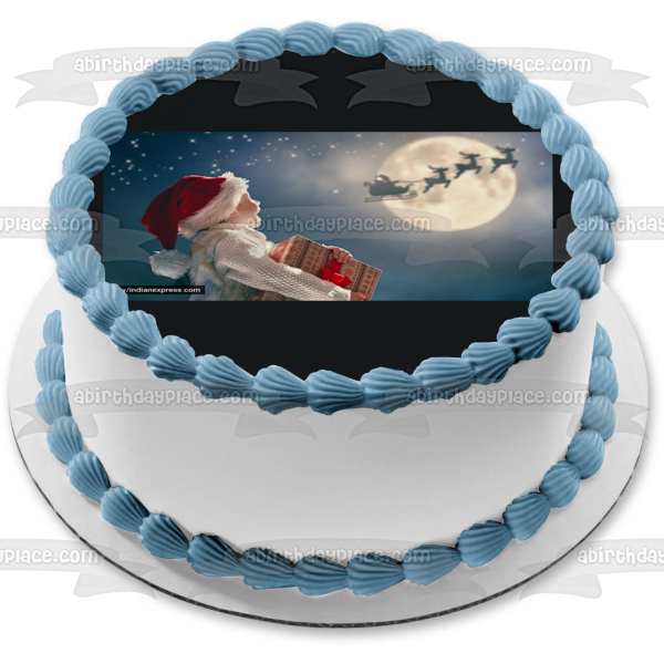 Merry Christmas Little Boy Watching Reindeer Edible Cake Topper Image ABPID56799