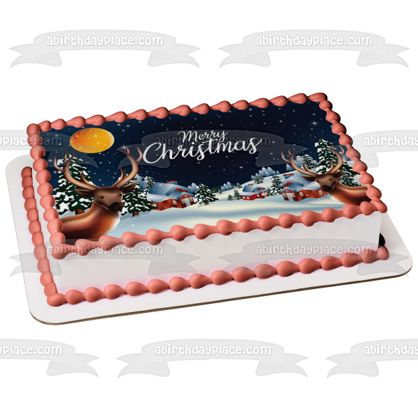 Merry Christmas Reindeer Christmas Trees and a Village Edible Cake Topper Image ABPID56804