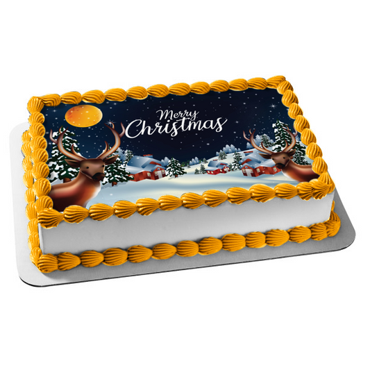 Feliz Navidad, renos, árboles de Navidad y un pueblo, adorno comestible para tarta, imagen ABPID56804 