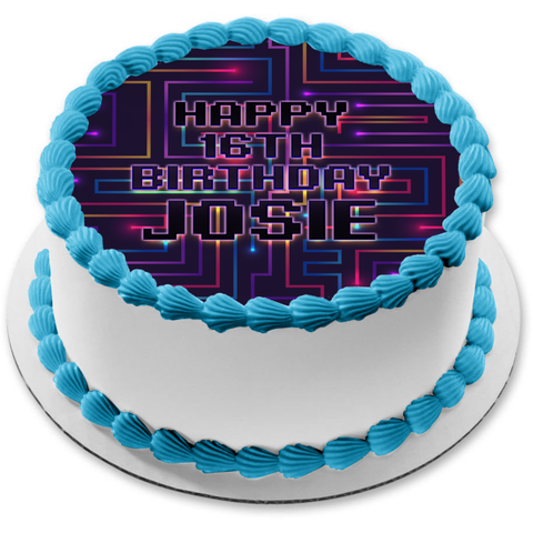 Neon Lines Video Game Coding Computer Pac Man Edible Cake Topper Image or Strips ABPID56816