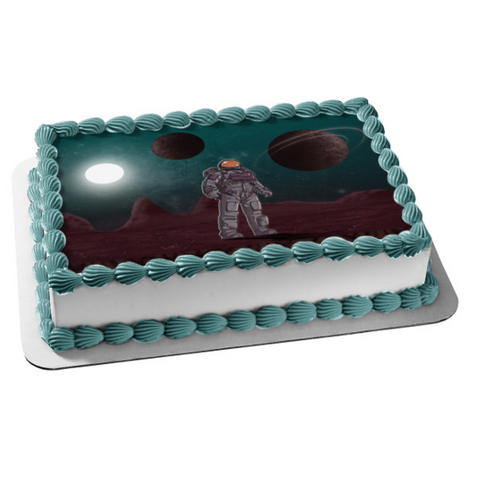 Imagen comestible para tarta con diseño de astronauta, planetas espaciales, luna, paseo lunar, ABPID56810 