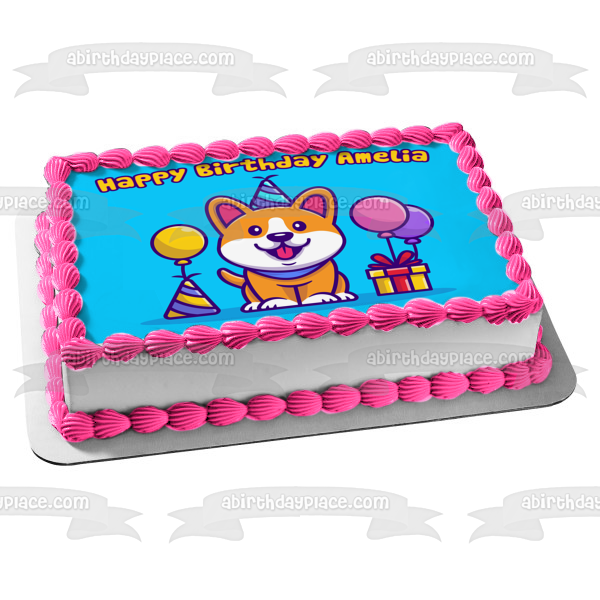 Party Corgi Illustration Cartoon Dog Puppy Canine Edible Cake Topper Image ABPID56856