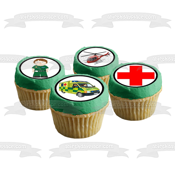 Imágenes de decoración comestible para cupcakes de un médico de ambulancia de primeros auxilios y un helicóptero ABPID05844 